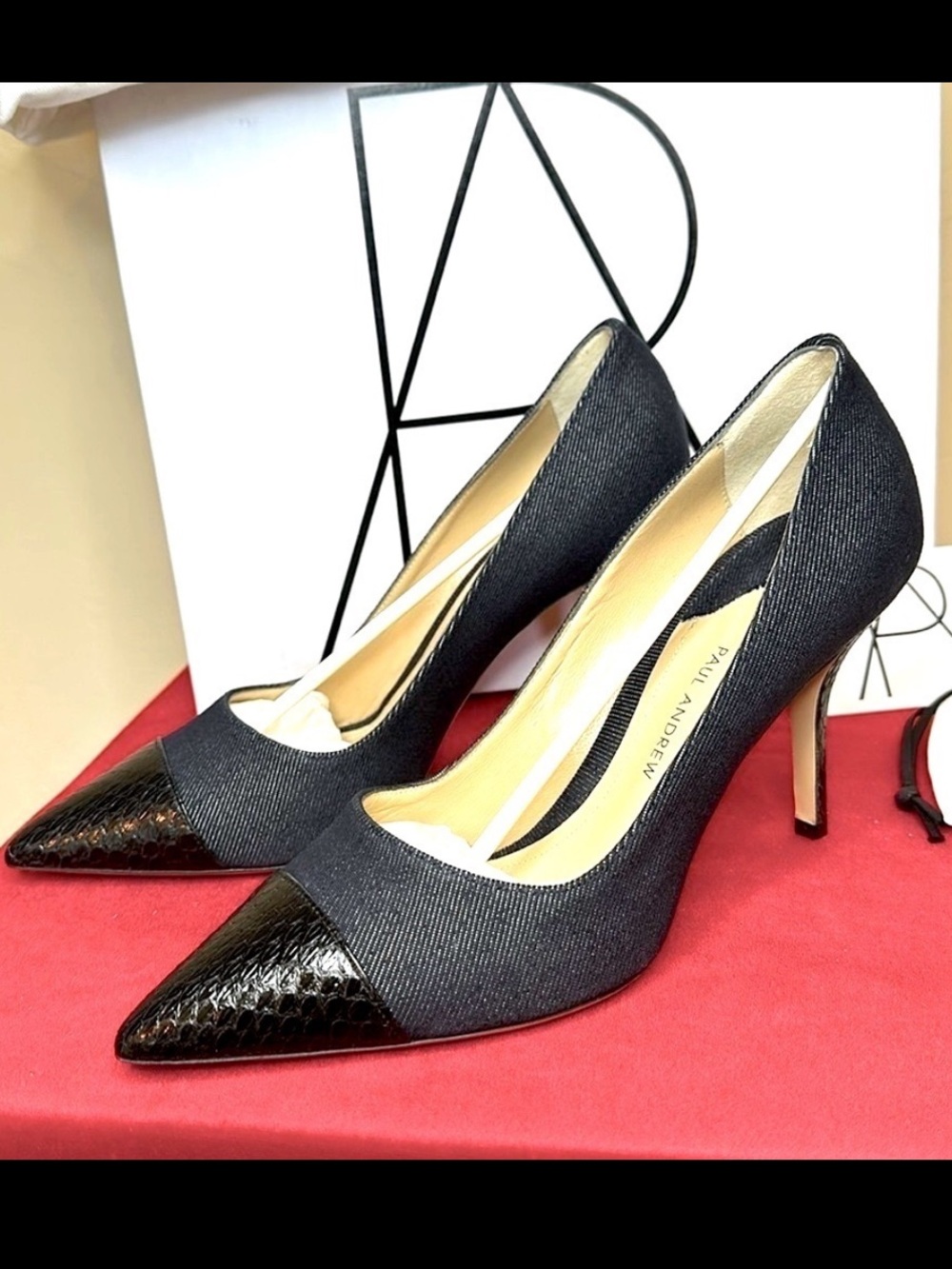 NWT Paul Andrew Modern Pump It Up 85 Indigo Denim | Black embossed leather 38.5